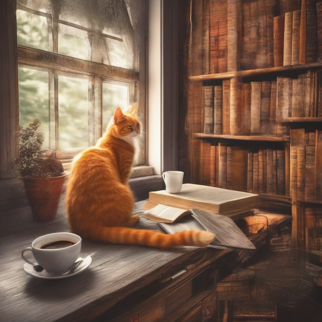 cat with books and coffee